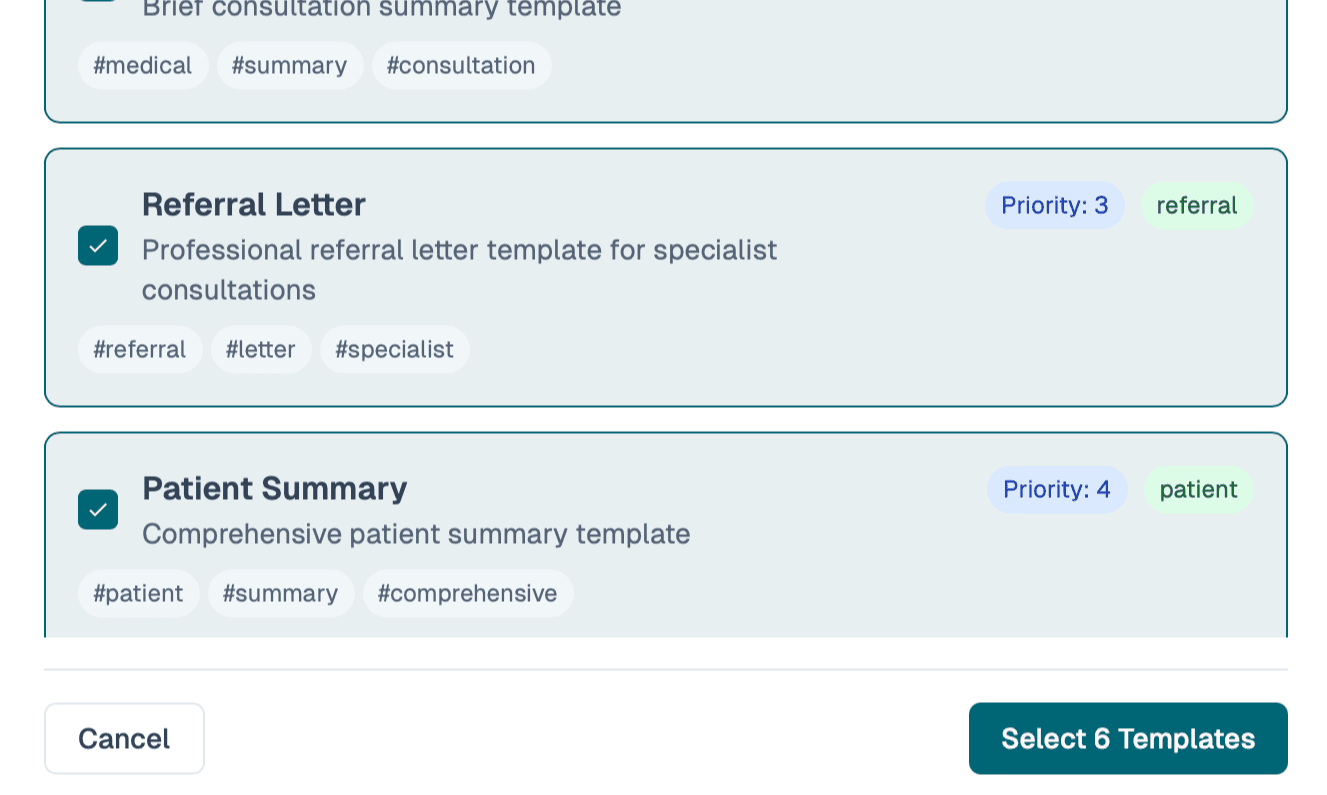 SynapseMD template selection interface for AI document generation