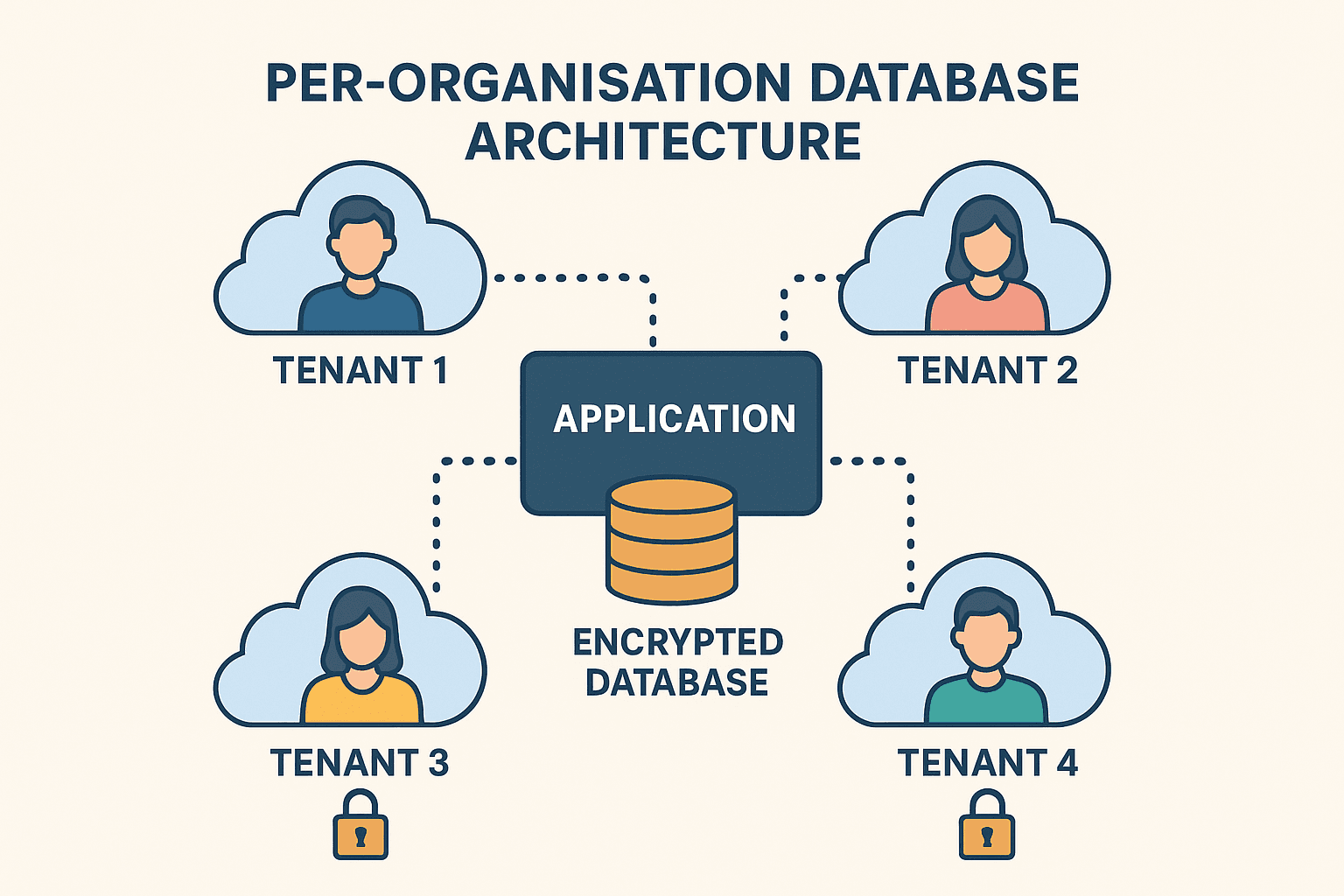 Multi-tenant architecture diagram showing database-per-user isolation