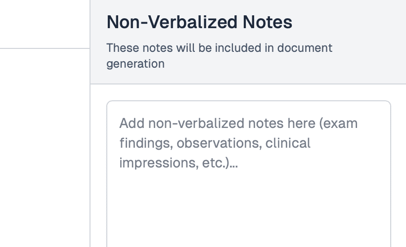 SynapseMD consultation interface showing non-verbalized notes section and recording controls