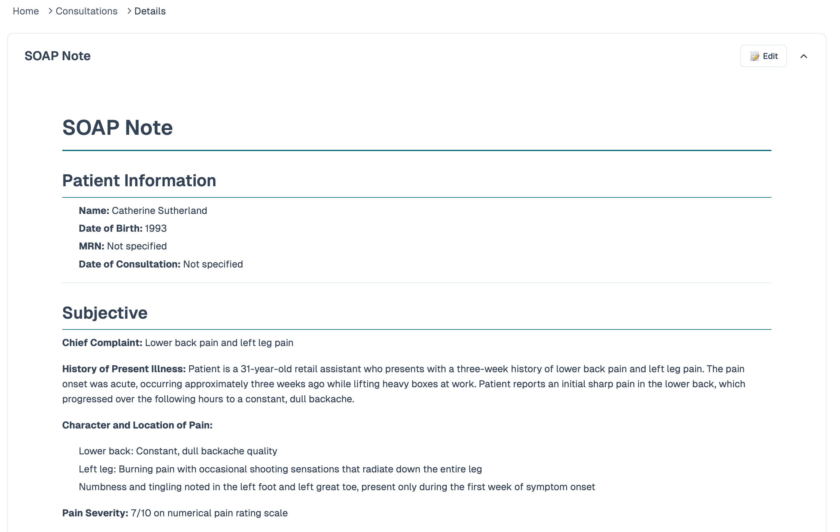 SynapseMD document review and finalization interface showing SOAP note