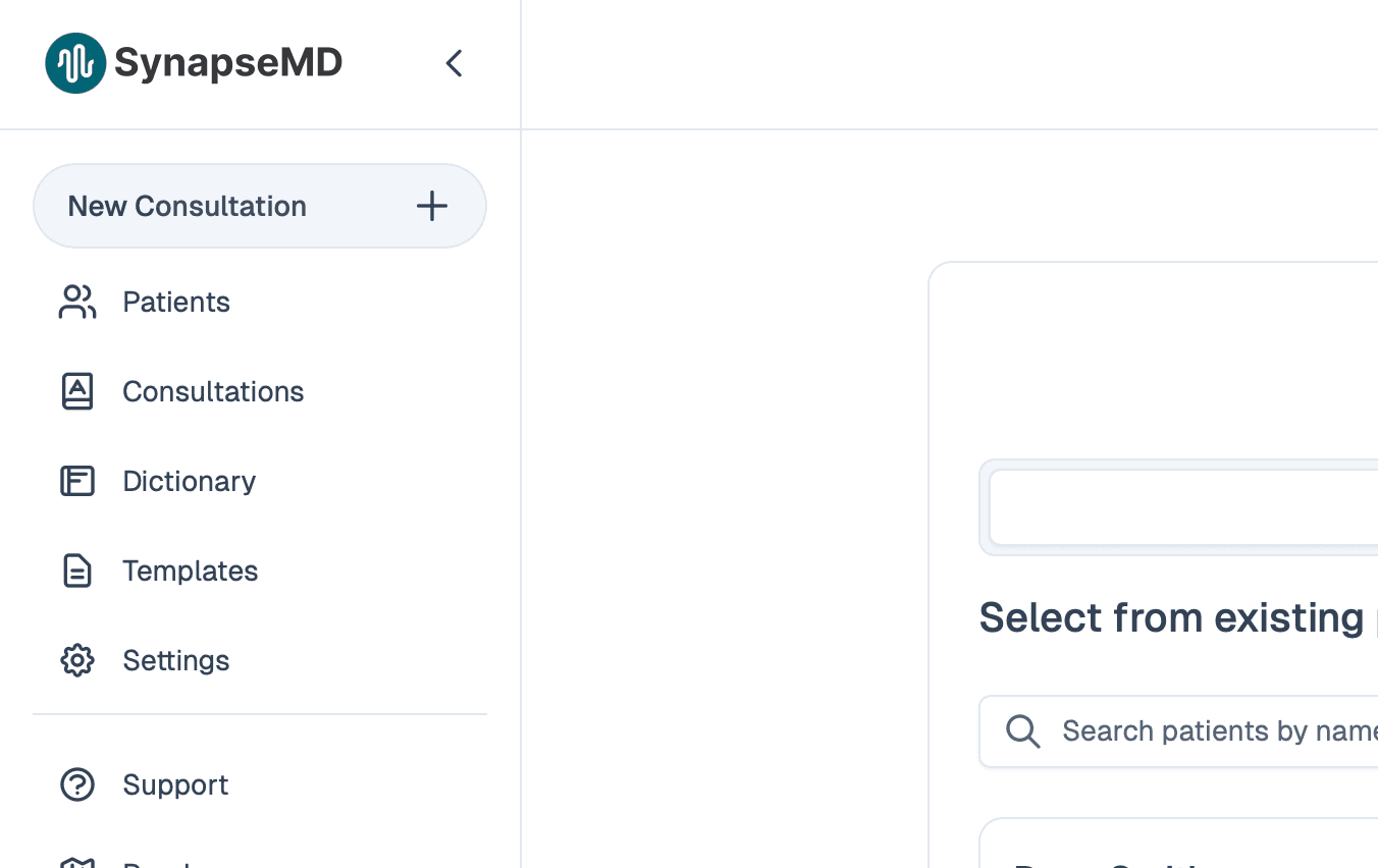 SynapseMD consultation interface showing patient selection and new consultation workflow